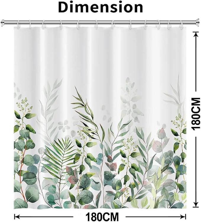 AWERT Shower Curtain Plants for Bathroom,Waterproof Quick-Drying Green Leaves Shower Curtain Set with Hooks 60x72 Inch