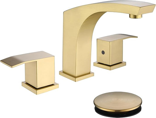 Brushed Gold Bathroom Faucet, Gold 3 Hole Widespread Bathroom Sink Faucet with Pop Up Drain and cUPC Supply Hose, 2 Handle 8 inch Brass Wide Spread Vanity Faucet, Restroom Basin Taps WI37151BG