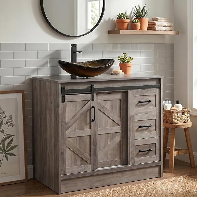 36 Inch Barn Door Bathroom Vanity, Farmhouse Style Standing Pedestal Cabinet with Gold Glass Vessel Sink