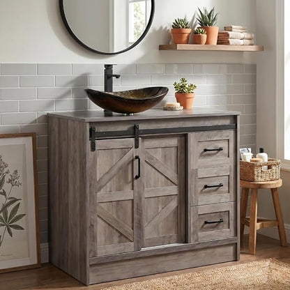 36 Inch Barn Door Bathroom Vanity, Farmhouse Style Standing Pedestal Cabinet with Gold Glass Vessel Sink