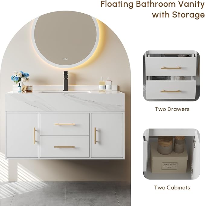 Bathroom Vanity with Sink 39.5" Floating Bathroom Vanity Sintered Stone Modern Bathroom Vanity Set, White (Wall Mounted, Gold Handle)