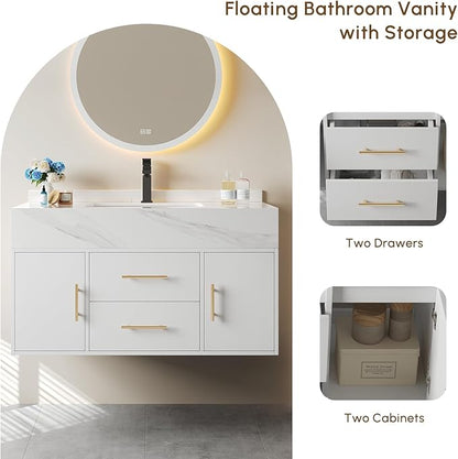 Bathroom Vanity with Sink 39.5" Floating Bathroom Vanity Sintered Stone Modern Bathroom Vanity Set, White (Wall Mounted, Gold Handle)