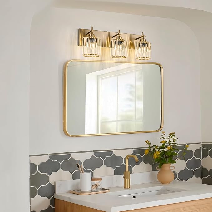 Modern Crystal Bathroom Vanity Lights, Gold 3-Lights Bathroom Light Fixtures Over Mirror, Crystal Wall Lighting with Polished Brass Finish