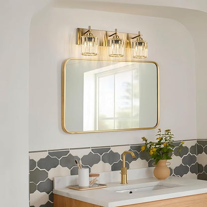 Modern Crystal Bathroom Vanity Lights, Gold 3-Lights Bathroom Light Fixtures Over Mirror, Crystal Wall Lighting with Polished Brass Finish