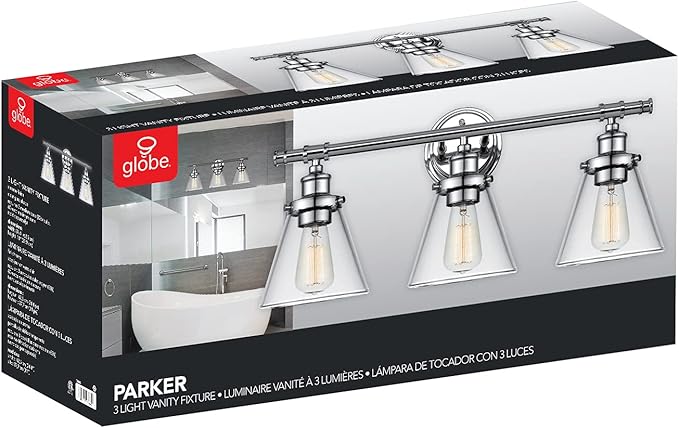 Globe Electric 51445 Parker 3-Light Vanity Light, Chrome, Clear Glass Shades, Bulb Not Included