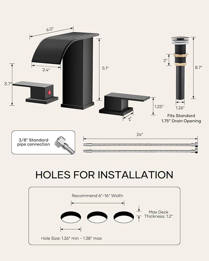 Matte Black Waterfall Bathroom Faucet 3 Hole, 8 Inch Widespread Modern 3 Piece Bathroom Sink Faucet, Touch On Lavatory Faucet for Vanity RV Restroom, Curved Spout