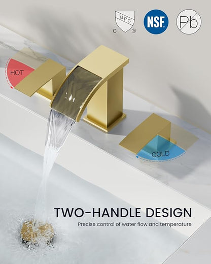 gotonovo Waterfall 8 inch Widespread Bathroom Faucet Set Bathroom Sink Faucet 3 Hole 2 Handle Vanity Lavatory Deck Mount with Pop Up Drain and Water Supply Lines Square Body Brushed Gold