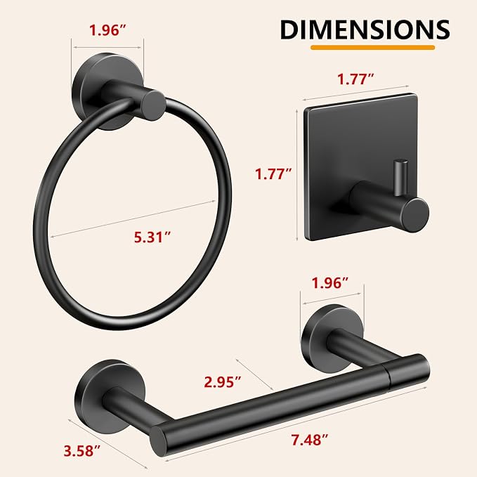 Pokim Matte Black Bathroom Hardware Set - SUS304 Stainless Steel Toilet Paper Holder,Towel Ring and 2 Robe Hooks,Rustproof,Wall Mounted 4 Piece Bathroom Accessories,Easy Installation for Bathroom