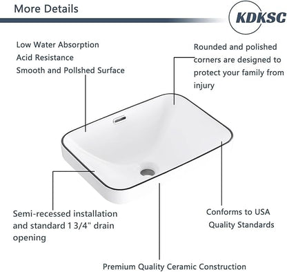 Bathroom Vessel Sink 18.2'' x 13.3'' Small Semi Recessed Bathroom Sink Rectangular Drop In Sink with Overflow White with Black Trim Ceramic Modern Vessel Sinks for Bathroom