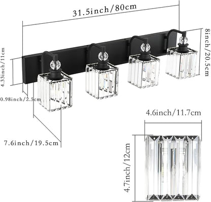 Ralbay Black Crystal Vanity Light 4 Light 31.5''Modern Matte Black Bathroom Wall Light Fixtures Over Mirror Bathroom Vanity Lights