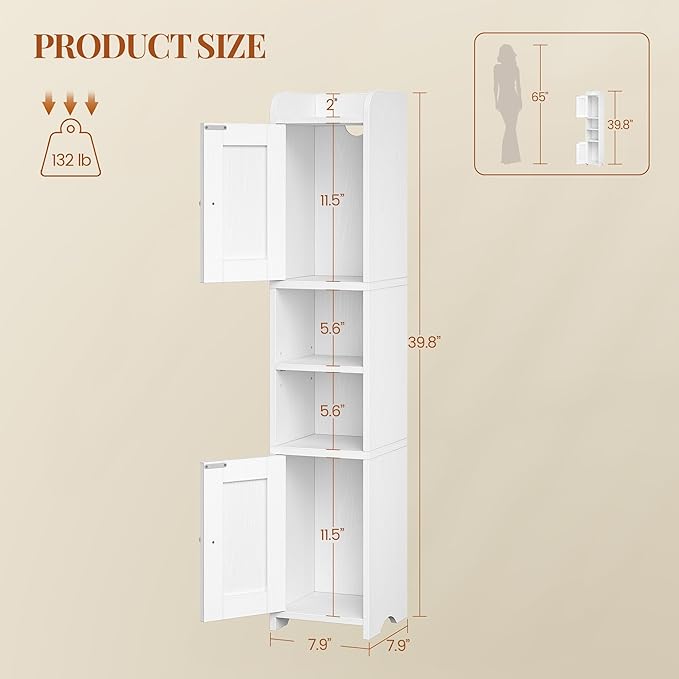 Slim Bathroom Storage Cabinet, Narrow Cabinet with 2 Doors, Small Bathroom Organizers and Storage, Laundry Room Organization for Small Space, Kitchen, Living Room, White 022413X