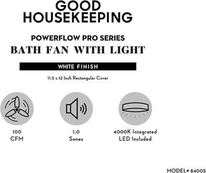 Good Housekeeping 84005 PowerFlow Pro Series 100 CFM 1.0 Sones Bathroom Exhaust Ventilation Fan with Light (4000K Integrated LED)