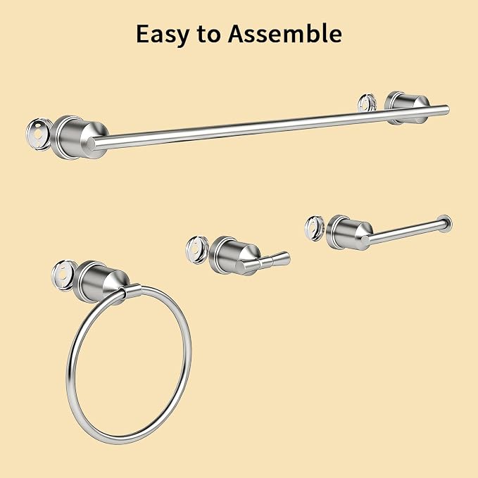 Brushed Stainless Steel Bathroom Hardware Set, 4-Pieces Wall Mounted Bath Accessories Kit with Towel Bar, Towel Ring, Toilet Paper Holder & Robe Hooks, Modern Durable Design