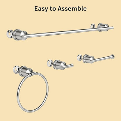 Brushed Stainless Steel Bathroom Hardware Set, 4-Pieces Wall Mounted Bath Accessories Kit with Towel Bar, Towel Ring, Toilet Paper Holder & Robe Hooks, Modern Durable Design
