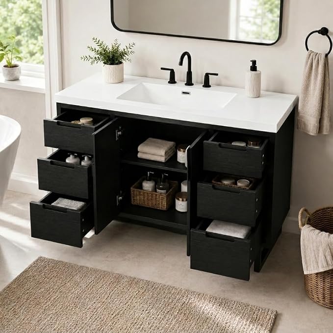 47.2" Bathroom Vanity with 6 Drawers & Resin Sink, Black | 47.2" bathroom vanity with 6 drawers, soft-close doors, SMC resin sink, adjustable shelf and modern design