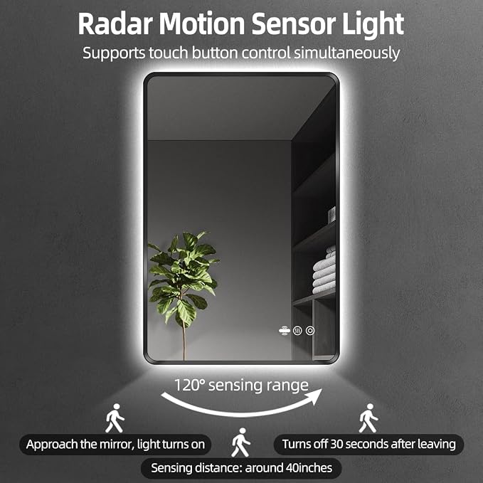 24" x 32" Black LED Mirror for Bathroom with Lights - Motion Sensor | Smart Backlit Mirror Bathroom, Anti-Fog, Stepless Dimmable & 3-Color, Metal Framed Rounded-Corner, UL-Listed, CRI≥93