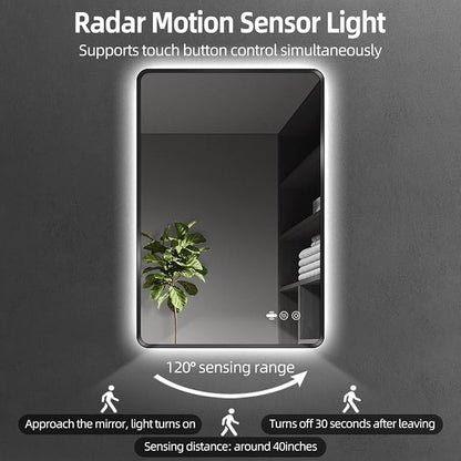 24" x 32" Black LED Mirror for Bathroom with Lights - Motion Sensor | Smart Backlit Mirror Bathroom, Anti-Fog, Stepless Dimmable & 3-Color, Metal Framed Rounded-Corner, UL-Listed, CRI≥93