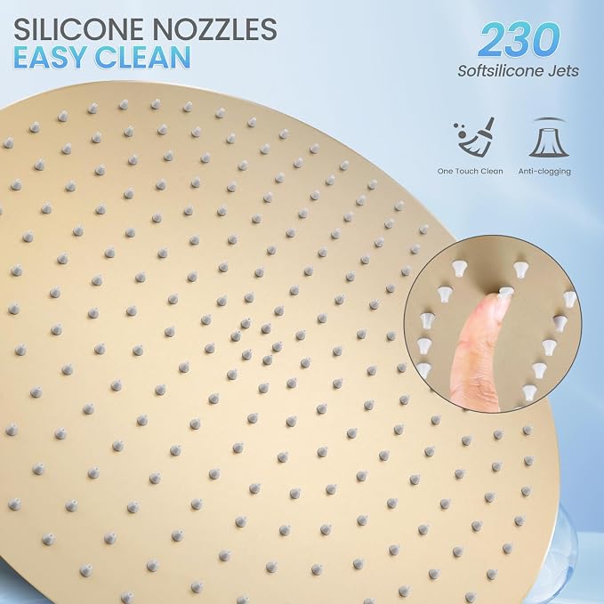 16 inch Brushed Gold Round Rain Shower Head, All Metal Stainless Steel 304, Ultra Thin Design, Full Body Rainfall Shower with 230 Silicone Nozzles