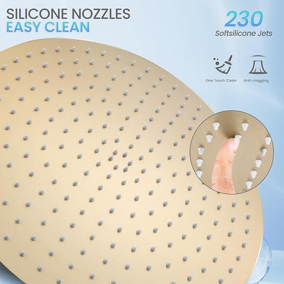 16 inch Brushed Gold Round Rain Shower Head, All Metal Stainless Steel 304, Ultra Thin Design, Full Body Rainfall Shower with 230 Silicone Nozzles