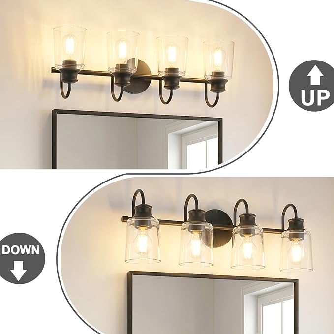 4 Lights Bathroom Light Fixtures Modern Black Vanity Lights | ETL Certificate, Easy to Install,Wall Mount Up or Down,Thickened Glass Lampshade,E26 Socket,Hardwired