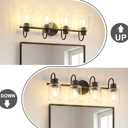 4 Lights Bathroom Light Fixtures Modern Black Vanity Lights | ETL Certificate, Easy to Install,Wall Mount Up or Down,Thickened Glass Lampshade,E26 Socket,Hardwired
