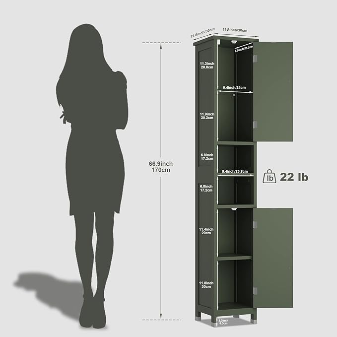 67" Tall Bathroom Storage Cabinet with Lights, Slim Narrow Bathroom Cabinet Organizer with Doors and Adjustable Shelves, Tall Cabinet for Small Space (66.9" Tall-Green with Light)