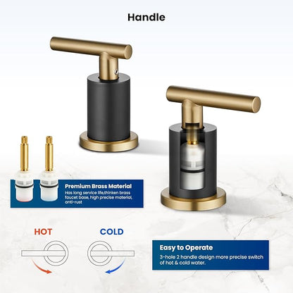 gotonovo 3 Hole 2 Handles Lavatory Basin Bathroom Sink Faucet with Pop Up Drain with Hot and Cold Mixer Valves 8 Inch Widespread Bathroom Faucet Black and Gold