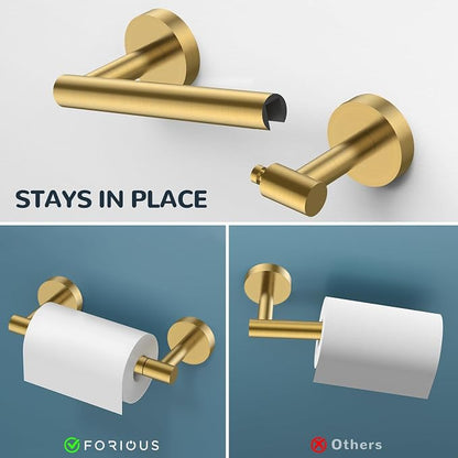 FORIOUS Bathroom Accessories, 4-Piece Bathroom Hardware Set - 24" Towel Bar | Brushed Gold | Towel Hooks, Towel Racks for Bathroom, Toilet Paper Holder Wall Mounted & Towel Ring | SUS304 Stainless Steel
