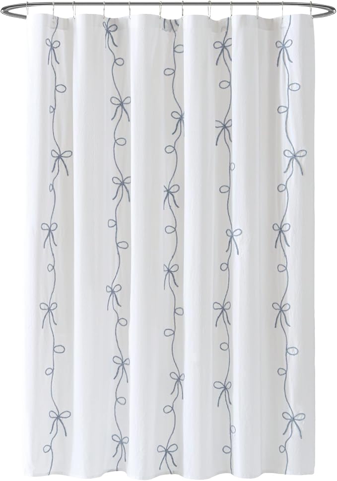 Peri Home 100% Cotton Fabric Shower Curtain for Bathroom, 72 x 72 inches, Blue Sasha Bows