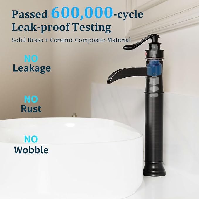 Bathroom Vessel Sink Faucet Waterfall Single Handle Single Hole | Oil Rubbed Bronze,Brass,Pop Up Drain without Overflow,Supply Line,Easy to Clean,Easy Installation,Rust Resistant,Minimalist