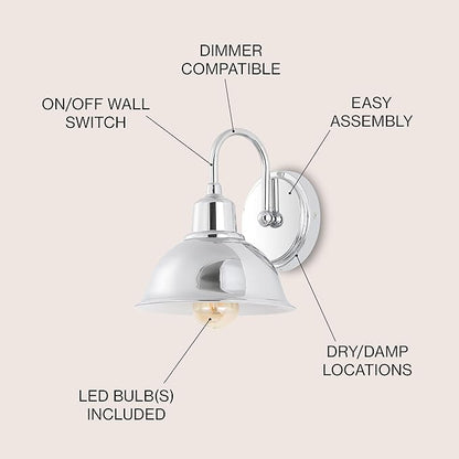 JONATHAN Y 8" Chrome Farmhouse Industrial 1-Light LED Vanity Wall Sconce for Bathroom Mirror Kitchen, Metal Shade, Dimmable Vintage Lighting, LED Bulb Included JYL7481A