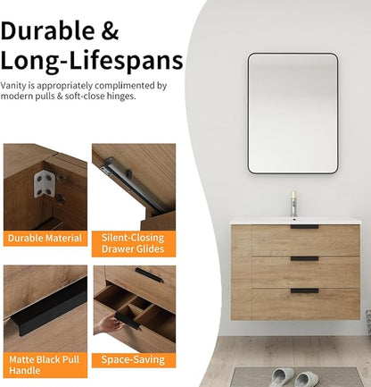 Bathroom Vanity with Sink 30 Inch, Single Sink Modern Bathroom Vanities Set, Wall-Mounted Bathroom Vanity, Floating Soft Close Door (IMO, 30 * 18)