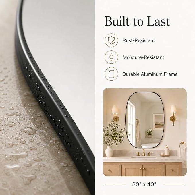 Black Oval Bathroom Mirror 30x40 Inch | Oblong Vanity Mirror, Crystal-Clear HD Glass, Rust-Proof Aluminum Frame, Elegant Inner-Curved Edge, Modern Contemporary Style