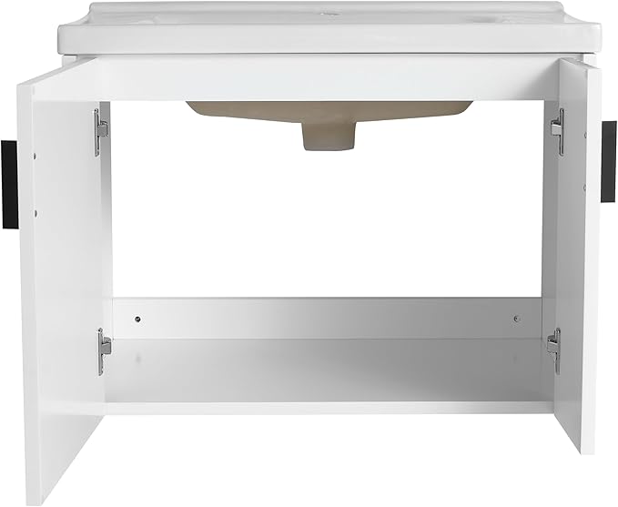 SSLine 28" Wall-Mount Bathroom Vanity Modern Floating Bathroom Vanity Set with Ceramic Sink Basin & Storage Cabinet 28-Inch Luxury White Small Bathroom Vanities with Round Metal Handles