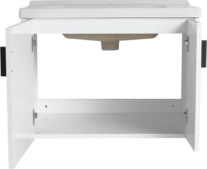 SSLine 28" Wall-Mount Bathroom Vanity Modern Floating Bathroom Vanity Set with Ceramic Sink Basin & Storage Cabinet 28-Inch Luxury White Small Bathroom Vanities with Round Metal Handles