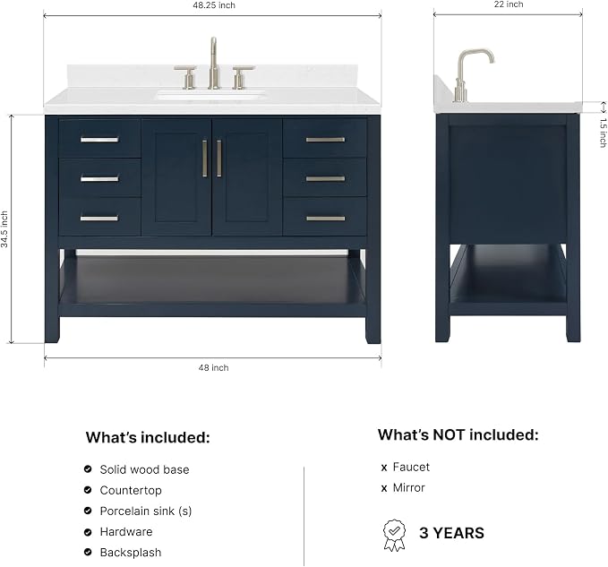 Olivia 48" Midnight Blue Bathroom Vanity with Sink, 1.5" Carrara Quartz Countertop, Rectangular Undermount Sink, 2 Soft-Closing Doors, 6 Full Extension Dovetail Drawers