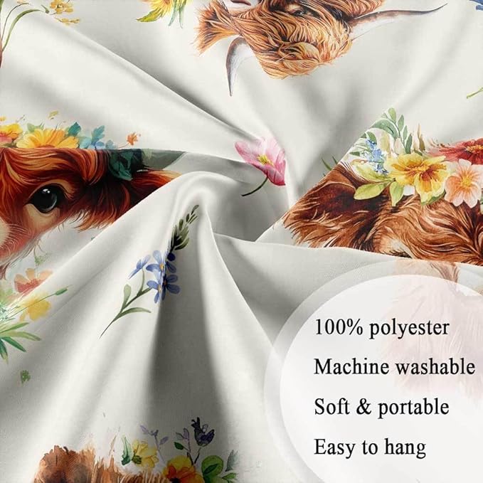 Highland Cow Shower Curtain, Sunflower Floral Wreath Cow Print Farmhouse & Country Style Fun Shower Curtain for Bathroom, Fabric Polyester Bathroom Curtains Set with Hooks, 36X72inch.