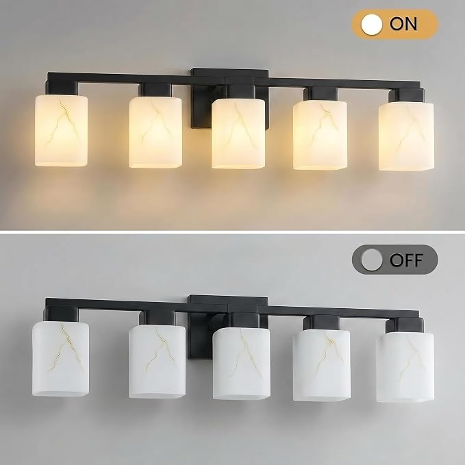 5-Light Square Bathroom Light Fixture, Black Modern Vanity Light with White Marble Glass Shade, for Bathroom Mirror, Living Room, Bedroom, Hallway, E26 Base