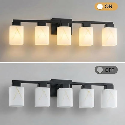 5-Light Square Bathroom Light Fixture, Black Modern Vanity Light with White Marble Glass Shade, for Bathroom Mirror, Living Room, Bedroom, Hallway, E26 Base
