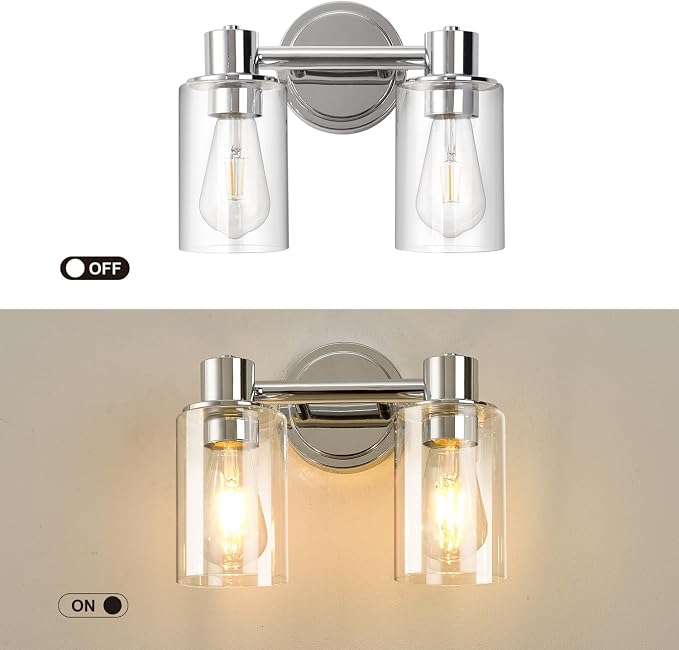 2 Light Bathroom Wall Sconce Light Fixtures with Clear Glass Bathroom Wall Lights Over Mirror Vanity Lights Chrome with E26 Base