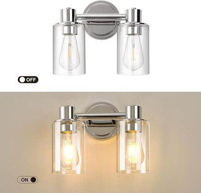 2 Light Bathroom Wall Sconce Light Fixtures with Clear Glass Bathroom Wall Lights Over Mirror Vanity Lights Chrome with E26 Base