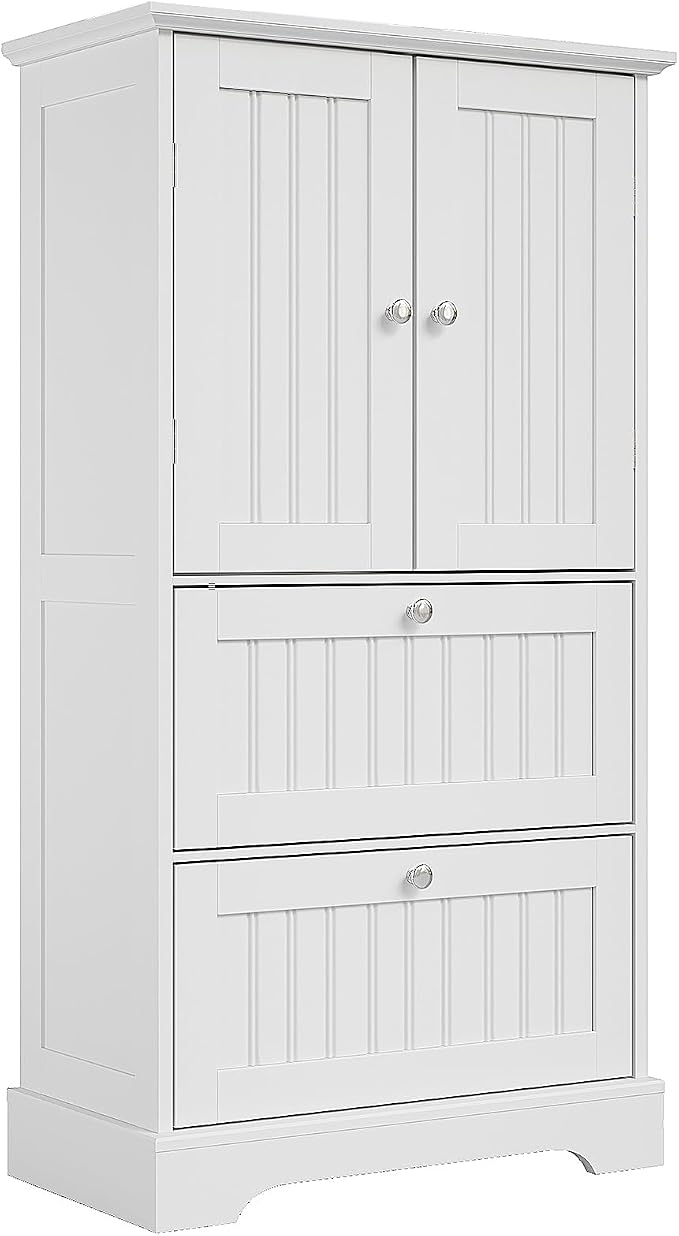Treocho Bathroom Floor Cabinet with 2 Drawers and Adjustable Shelf | Bathroom Storage Cabinet, Freestanding Cupboard Pantry for Kitchen, Living Room, Dining Room, White