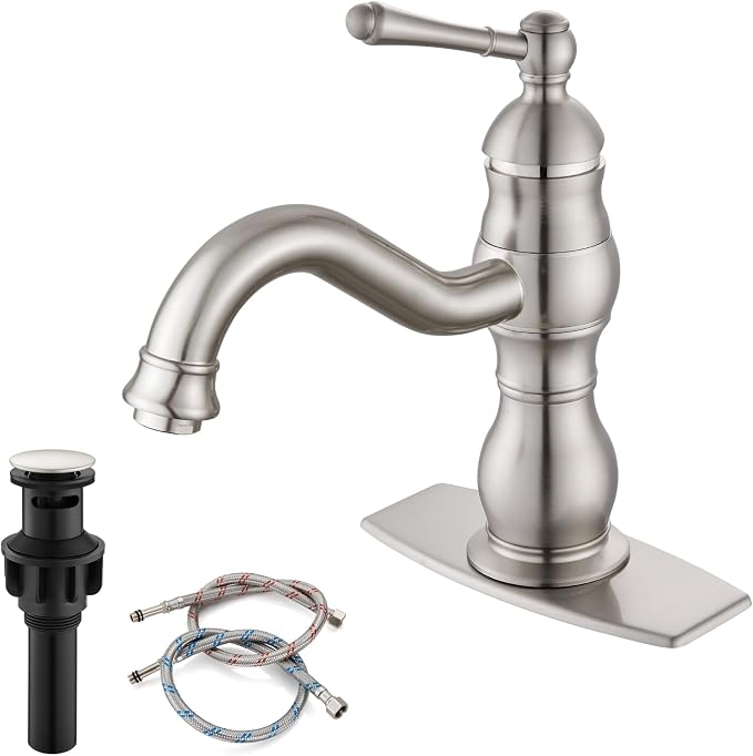 gotonovo Bathroom Faucet 1 Hole Vintage,Brushed Nickel,7.1” Spout Reach | Bathroom Sink Faucet for 1 or 3 Hole Single Handle,Deck Plate,360° Swivel Spout,Pop Up Drain,cUPC Supply Hoses,for Vanity RV