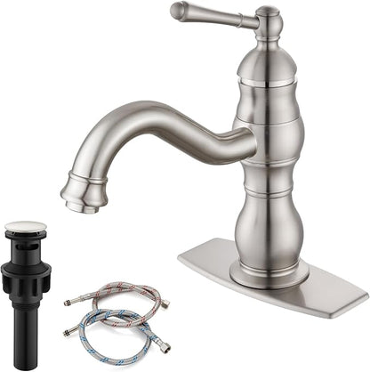 gotonovo Bathroom Faucet 1 Hole Vintage,Brushed Nickel,7.1” Spout Reach | Bathroom Sink Faucet for 1 or 3 Hole Single Handle,Deck Plate,360° Swivel Spout,Pop Up Drain,cUPC Supply Hoses,for Vanity RV