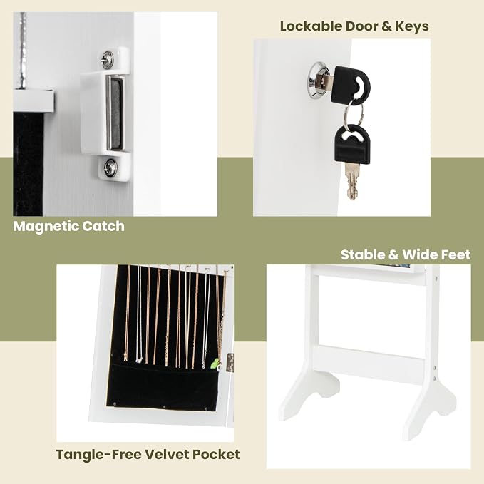 GOFLAME Jewelry Armoire Cabinet Standing, Lockable Full Length Mirror with Storage Shelves and 2 Drawers, Adjustable Tilt Angles, Stand Up Jewelry Box with Lighted Mirror (White)