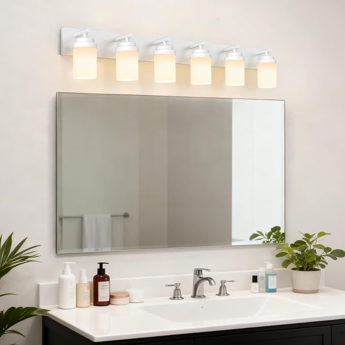 IZORRO Bathroom Vanity Light Fixture, 6-Light 46 Inch White Bathroom Light Fixtures Over Mirror, with White Glass Shade, Modern Farmhouse Vanity Lights, Rustic Restroom Lighting Fixtures