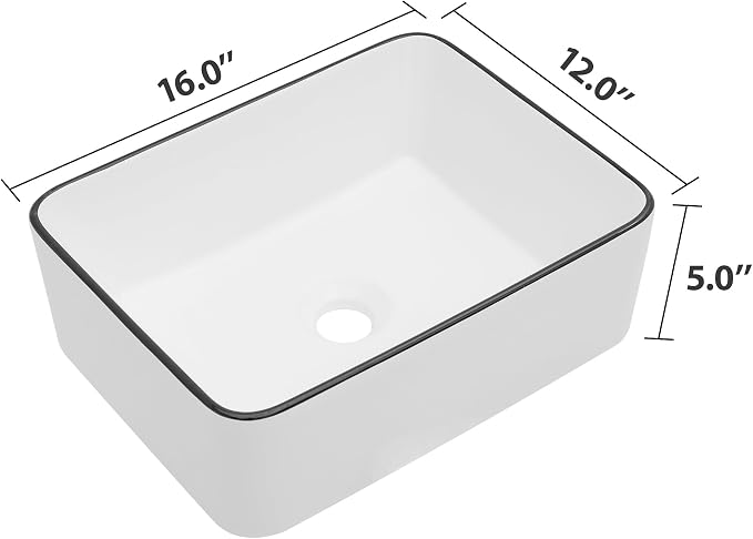 Dcolora Rectangular White Vessel Sink, 16"x12", Black Rim Ceramic Porcelain Bathroom Sink