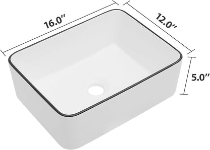 Dcolora Rectangular White Vessel Sink, 16"x12", Black Rim Ceramic Porcelain Bathroom Sink