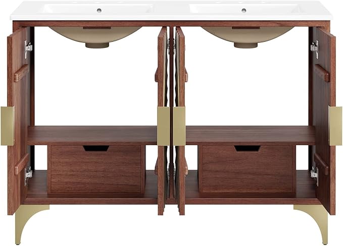 Modway Daylight Bathroom Vanity Cabinet with Ceramic Basin, 48" Double Sink, White Walnut