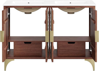 Modway Daylight Bathroom Vanity Cabinet with Ceramic Basin, 48" Double Sink, White Walnut